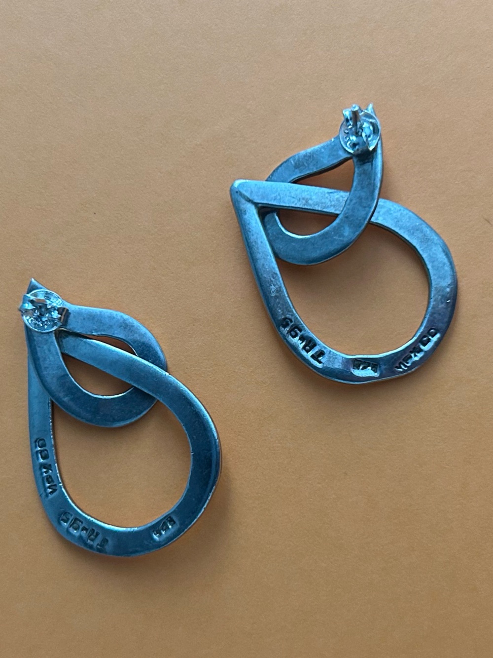 Large Sterling Silver Interlock Open Teardrop Dangle Statement Earrings Vintage - Picture 11 of 13